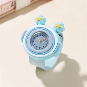 Cartoon child slap watch in light blue silicone with 3D flower and star accents