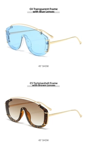 Detailed view of oversized shield sunglasses with blue and brown gradient lenses