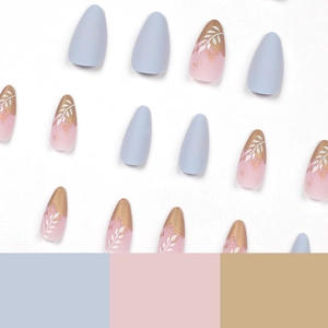 Elegant blue matte and pink gradient press on nails with gold foil and white leaf patterns