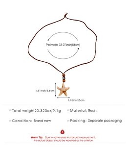 Detail view of starfish resin pendant with brown cord showing precise dimensions and material