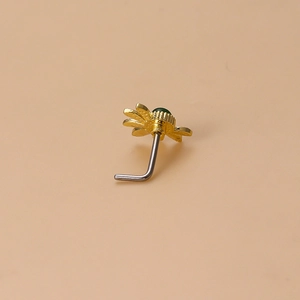 L-shaped stainless steel nose stud with a golden flower design and green bead inlay
