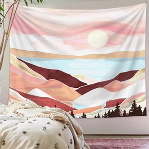 Detail of minimalist mountain landscape tapestry with sunset and forest silhouettes