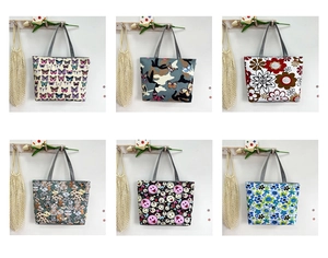Six different printed canvas tote bags with various floral and animal patterns