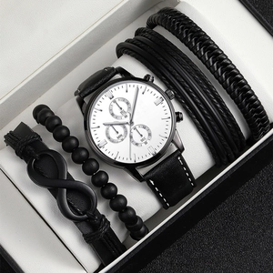Men's stylish watch and black bracelet gift set featuring a white dial and leather straps