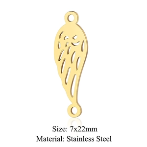 Macro detail of golden hollow angel wing pendant in stainless steel with 7x22mm size