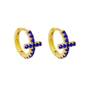 Minimalist gold S925 silver hoop earrings with blue gemstone cross pendants for women