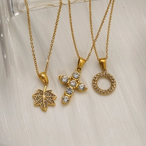Pendant Necklace 304 Stainless Steel 18K Gold Plated Zircon Leaf Cross Circle Waterproof Hypoallergenic Women Jewelry
