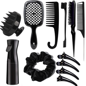 11-piece black professional hair styling tool set with scalp brush and spray bottle