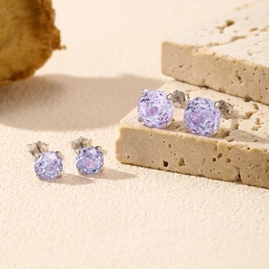 S925 sterling silver stud earrings with violet amethyst stones and rose cut crystals
