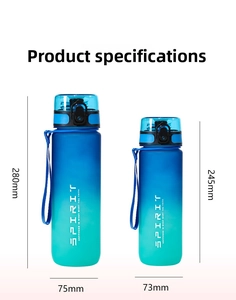 Size comparison of 1L and 750ml gradient sports water bottles with measurements