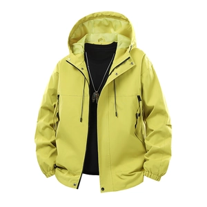 Coupe-vent unisexe jaune citron à capuche avec poches cargo et cordons de serrage