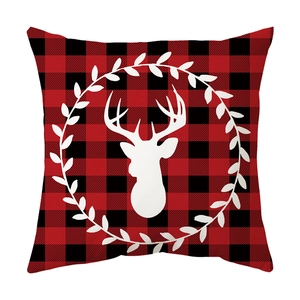 Christmas buffalo plaid pillowcase with white reindeer and wreath print on white background