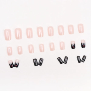 Set de faux ongles noir et rose scintillant avec motifs de cerf de Noël et de cœurs