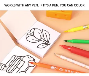 Macro view of portable kids coloring book with clear line art and colorful marker pens
