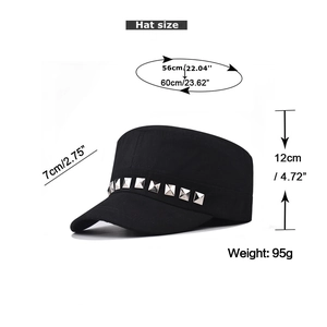 Cadet hat size guide with 56-60cm circumference and silver stud details on black canvas