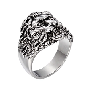 Hip hop lion head ring in vintage silver stainless steel with detailed facial engraving