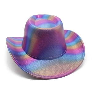 Detailed view of iridescent laser fabric texture on a rainbow western cowboy party hat