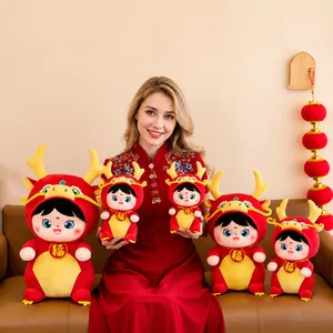 Chinese New Year dragon plush toy mascot set shown with model for size reference
