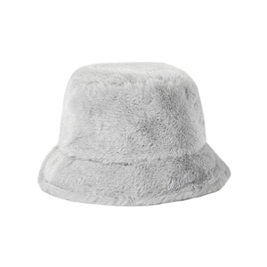 Close-up of the soft light grey fluffy texture and warm plush fabric on this winter bucket hat