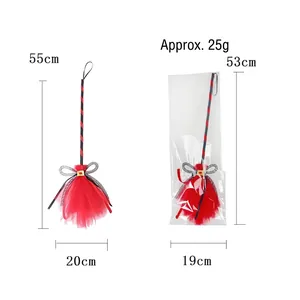 Halloween witch broom decorative prop with red and black stripes and mesh veil bow