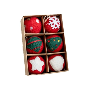 6-piece Christmas felt ball ornaments with snowflake and tree patterns in a kraft box