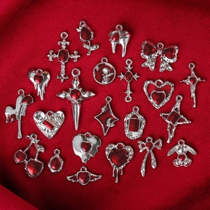 Gothic Y2K heart cross and star pendants with red gems for DIY jewelry making