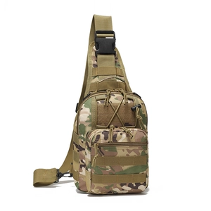 Detailed view of CP camouflage tactical chest bag with MOLLE system and Velcro patch area