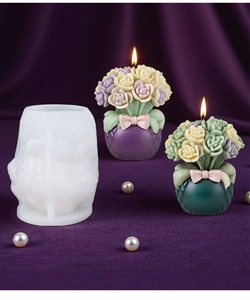 Macro view of flower bouquet silicone candle mold with finished floral wax crafts