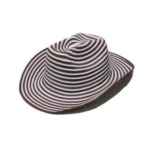 Detail of striped brown and white woven paper straw cowboy hat with a wide brim