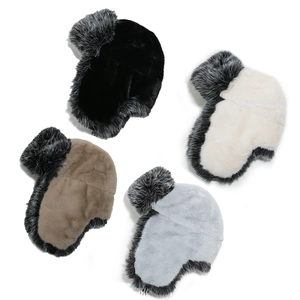 Winter faux fur aviator hat set with ear flaps in black, beige, khaki and grey colors