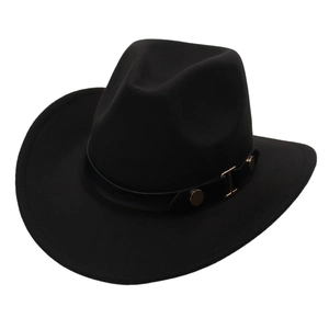 Black felt cowboy fedora with wide brim and leather band with gold metal buckle