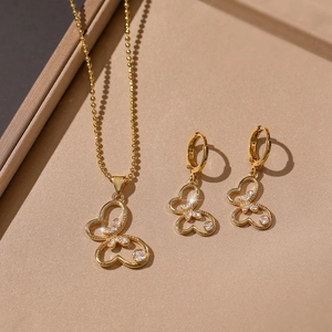 Butterfly Necklace And Earrings For Women Gold Plated Copper Zircon Hollow Animal Pendant Fashion Jewelry Accessories
