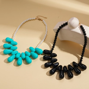 Exaggerated acrylic beaded water drop pendant necklaces in blue and black styles