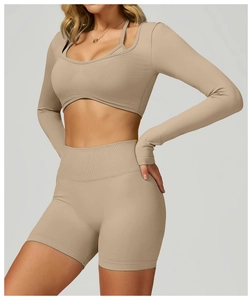 Detail of seamless two-piece yoga top with ribbed texture and thumbhole sleeves