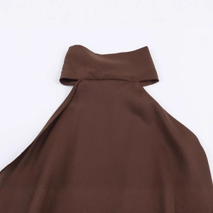 Chic dark brown satin sleeveless halter neck top for women featuring a minimalist drape