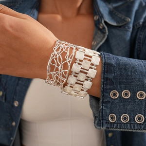 Artistic silver open bangles with hollow mesh and spiral texture designs for women
