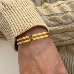 Polished 18k gold plated stainless steel double layer open bangle for women