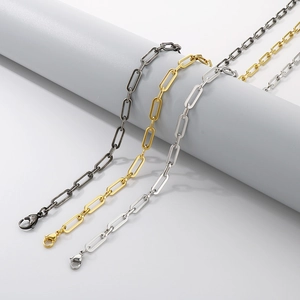 Detail of square link chains in silver, gold, and charcoal grey finishes with lobster clasp