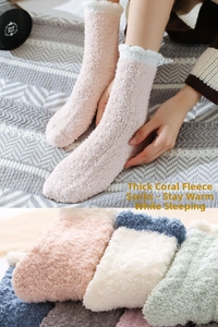 Detailed view of thick coral fleece winter socks with warm plush texture and vibrant colors