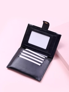 Interior layout of the black PU leather wallet with card slots and a clear ID window