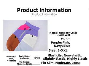 Detail view of the outdoor color-block pet vest showing D-ring and size chart info