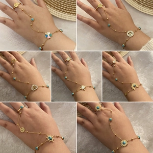Bracelet Bague Esclave En Acier Inoxydable Pour Femme Avec Turquoise Cœur Arbre De Vie Soleil Étoile Chaîne De Main