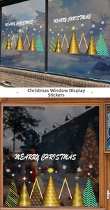 Detail of gold and green geometric Christmas tree window decals with Merry Christmas text