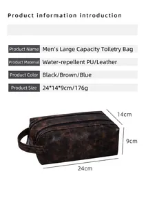 Detailed dimensions of 24x14x9cm brown PU leather toiletry bag with size markings