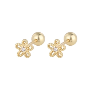 Gold daisy stud earrings with central zircon and secure screw back closure for women