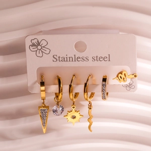 Detailed close-up of a 5-piece gold stainless steel earring set with zircon accents