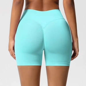Vue arrière du short de yoga sans couture taille haute bleu ciel à effet galbant