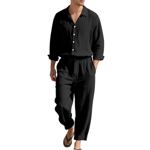 Ensemble décontracté en lin noir pour homme avec chemise longue et pantalon à cordon