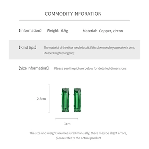 Detailed size specifications for rectangular green zircon earrings with silver posts