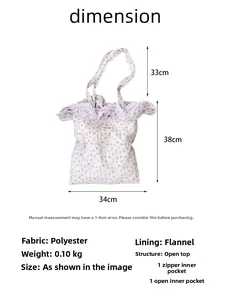 Guide des dimensions du cabas en mousseline à fleurs mauves avec poches internes